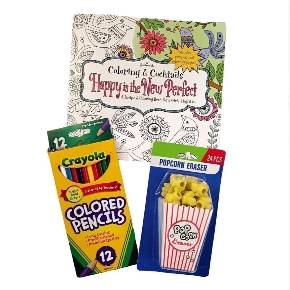 Hallmark‎ Adult Coloring & Cocktails Book with Colored Pencils and Erasers Lot